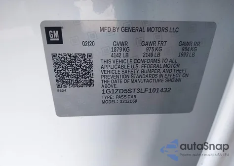 2020 Chevrolet Malibu Fwd Lt z USA, uszkodzony, nr VIN 1G1ZD5ST3LF101432